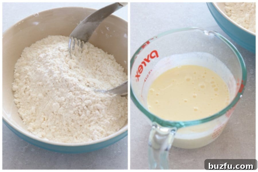 Whisk wet ingredients. Wet ingredients, buttermilk and egg, whisked in a glass cup.