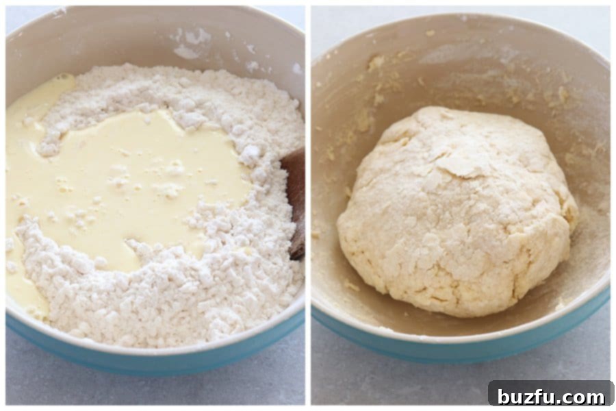 Shape dough into a ball. Dough in a bowl after wet ingredients are added, and dough shaped into a ball on a floured surface.