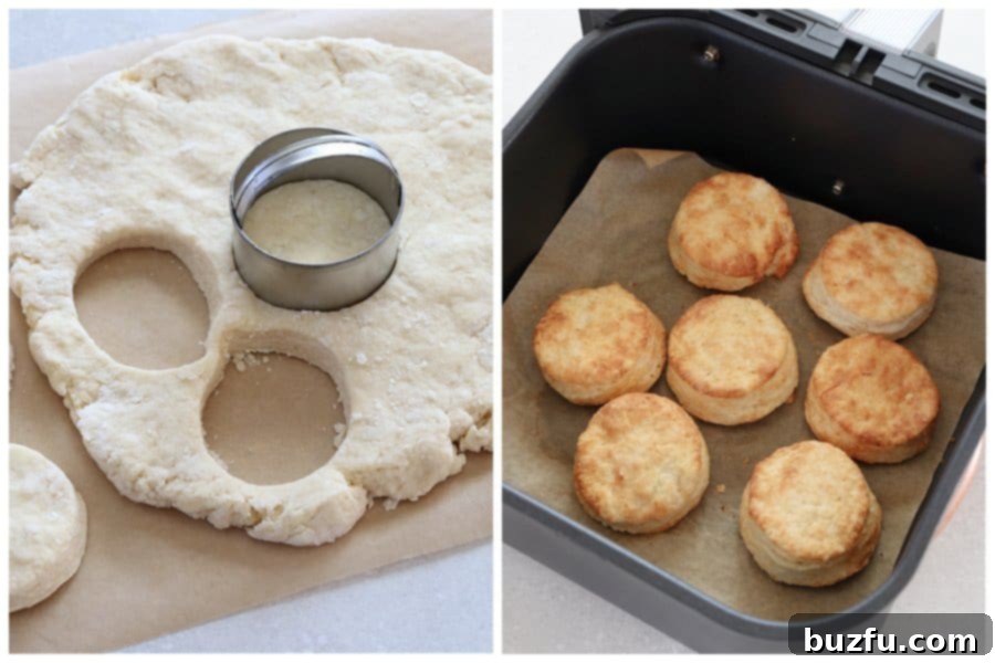 Golden Air Fryer Biscuits 2 Biscuits cut out and placed in an air fryer basket, ready for baking.