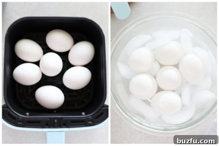 Eggs in the air fryer basket and in the ice bath.
