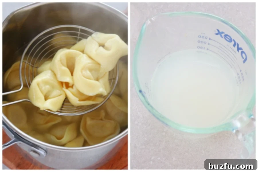 Tortellini pasta gently boiling in a pot of water on the stove.