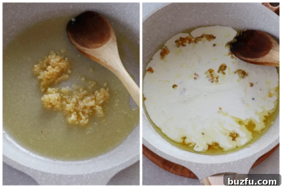 Minced garlic sizzling in butter and olive oil in a large pan.