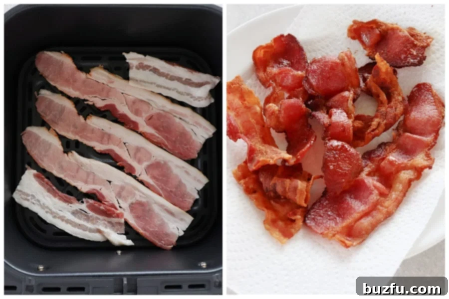 A visual comparison showing raw bacon neatly arranged in an air fryer basket on one side, and perfectly cooked, crispy bacon slices on a plate on the other side, demonstrating the before and after of air frying bacon.