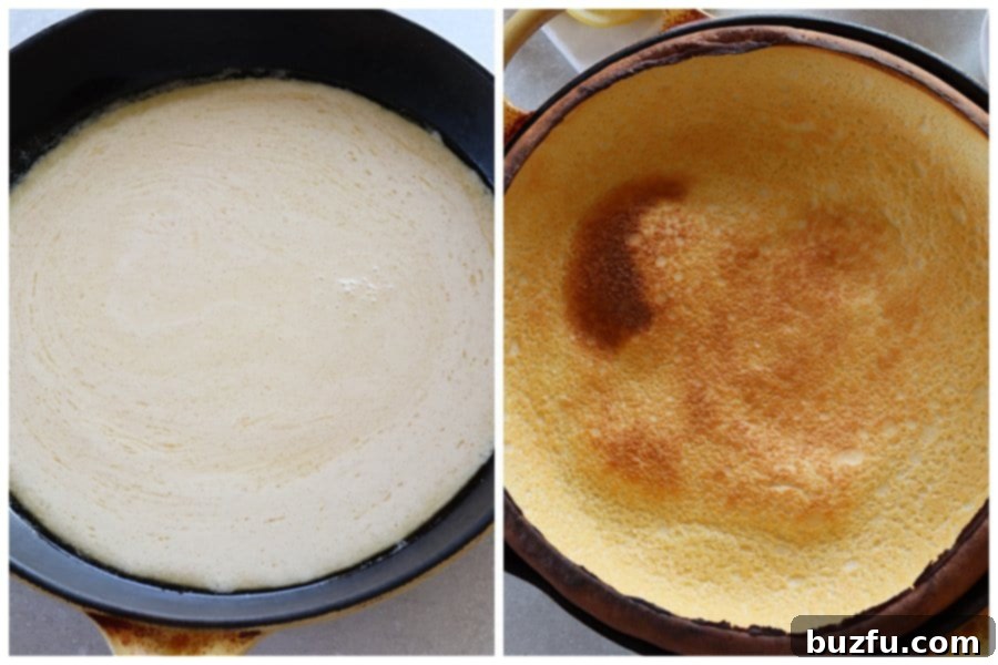 Dutch Baby pancake batter just poured into a hot cast iron skillet, ready to be baked in the oven.
