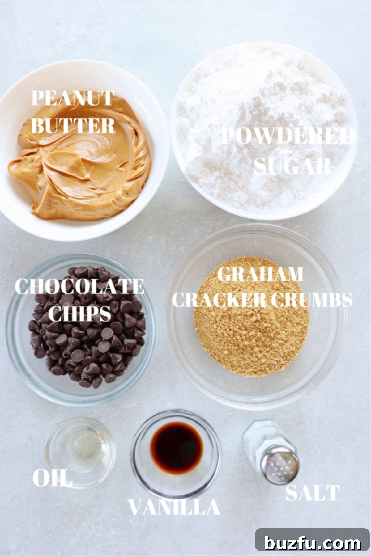 Peanut Butter Eggs Ingredients Overview Ingredients for peanut butter eggs in small bowls on a board, neatly arranged before mixing.