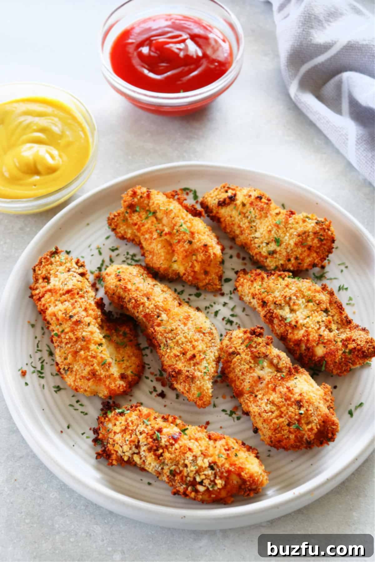 Cooked air fryer chicken tenders served on a plate with dipping sauce and a side salad, showcasing their golden crispness.