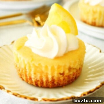 Lemon mini cheesecake on a white plate with gold rim.
