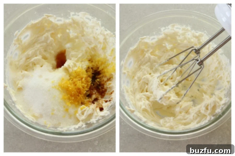 A bowl filled with creamy cheesecake filling, showcasing its smooth texture and hints of lemon zest, ready to be poured over the crusts.