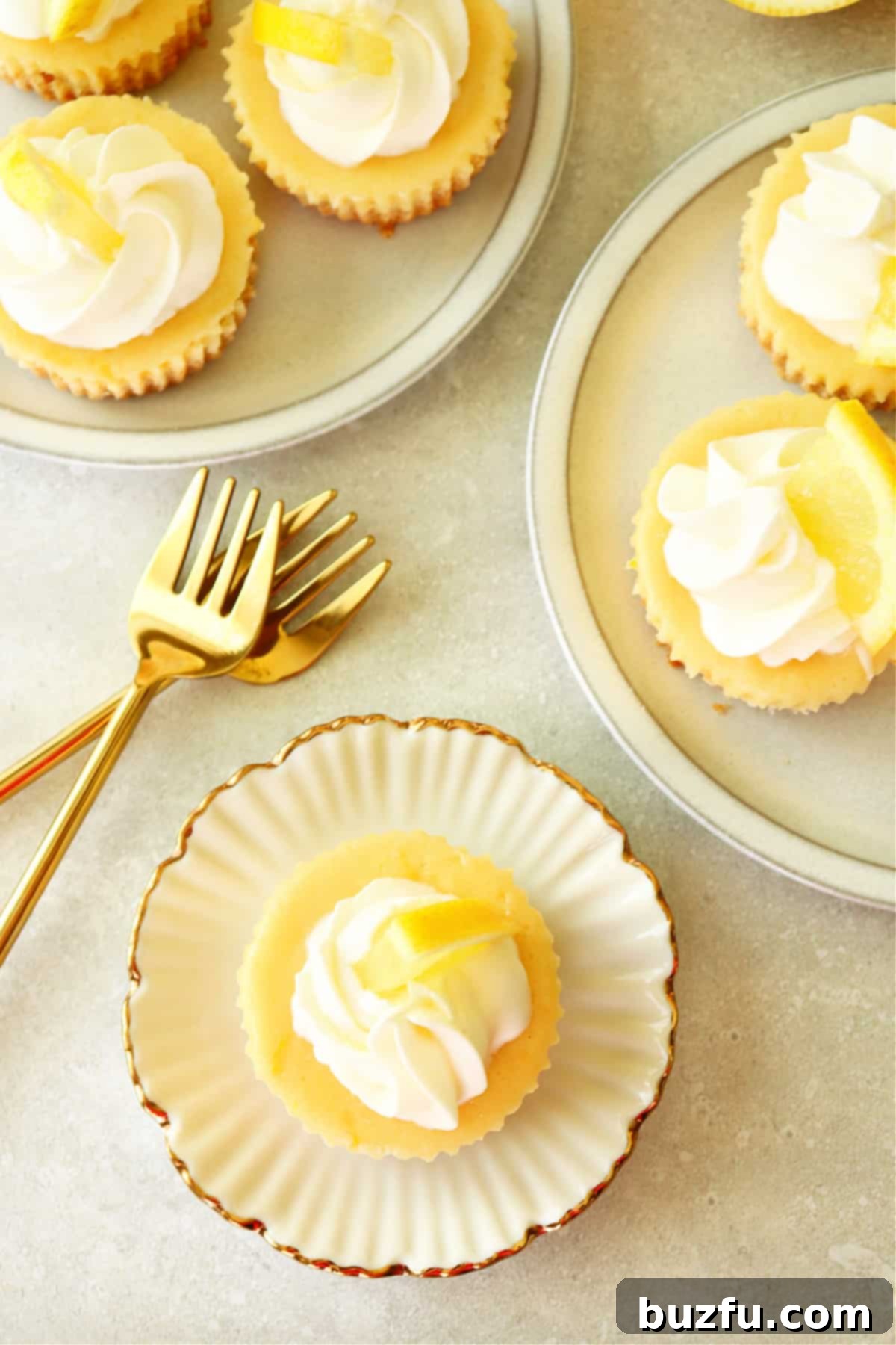 Two mini lemon cheesecakes served on small, elegant white plates, each garnished with a dollop of whipped cream and a fresh lemon slice, ready to be enjoyed.
