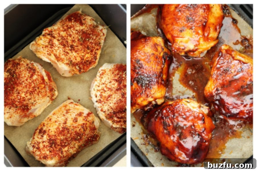 Season and Air Fry Chicken Thighs to Perfection Raw seasoned chicken thighs arranged in an air fryer basket, with another image showing them being brushed with BBQ sauce.