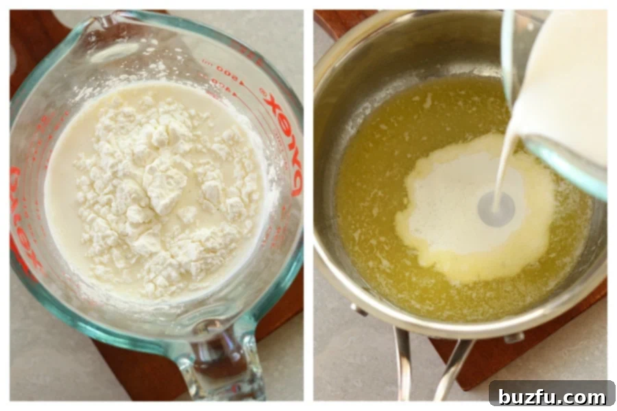 Preparing the Velvety Sauce Base A visual step demonstrating how to create the sauce base, with a mixture of half and half and cornstarch being poured into melted butter in a saucepan.