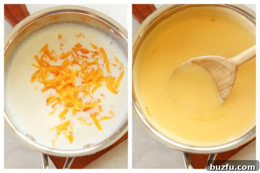 Adding and Melting the Delicious Cheddar Cheese The moment of transformation: freshly grated cheddar cheese melting into the smooth half and half mixture in a saucepan, creating a rich and thick sauce.