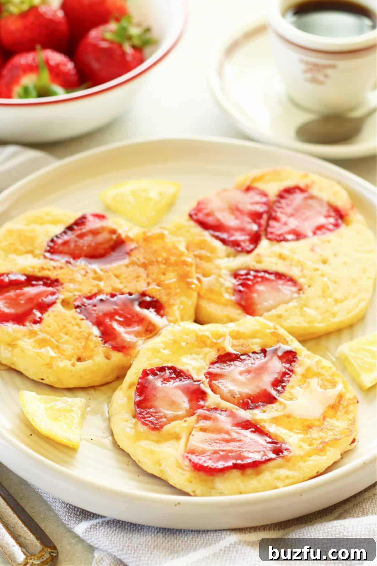 A stack of three golden, fluffy strawberry pancakes adorned with fresh strawberry slices on a white plate, ready to be served.