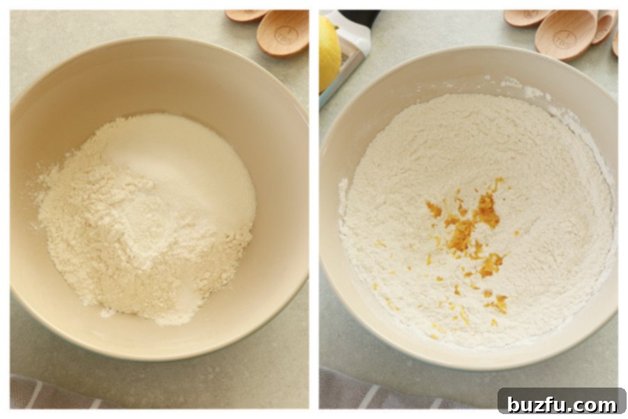 Dry ingredients, including flour, sugar, baking powder, baking soda, and salt, are being whisked together in a large white mixing bowl.