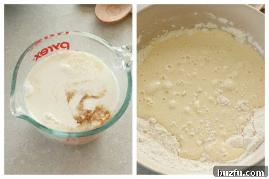 Wet ingredients, including buttermilk, egg, melted butter, and vanilla, are mixed in a glass measuring cup next to a bowl of dry ingredients.