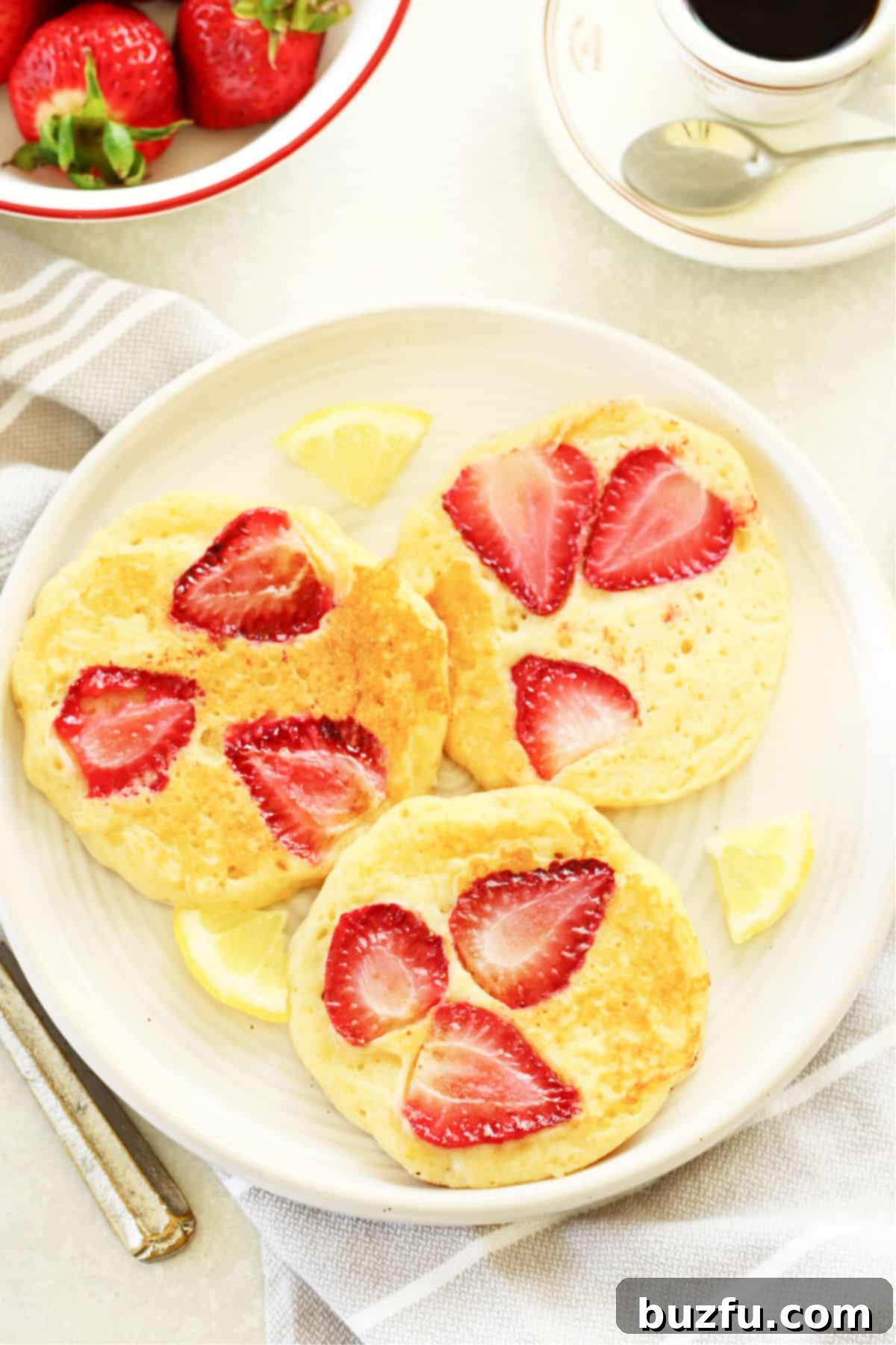 A close-up shot of three beautifully cooked strawberry pancakes, topped with fresh strawberries and a drizzle of honey, presented on a cream-colored plate.