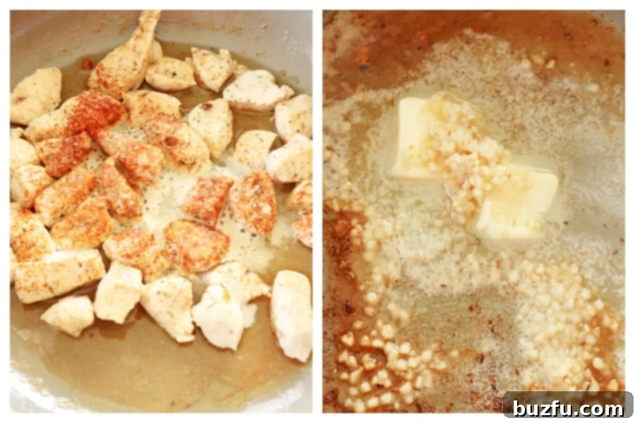 Brown Chicken and Add Butter to Pan Chicken pieces browning in a skillet with melting butter and garlic cloves.
