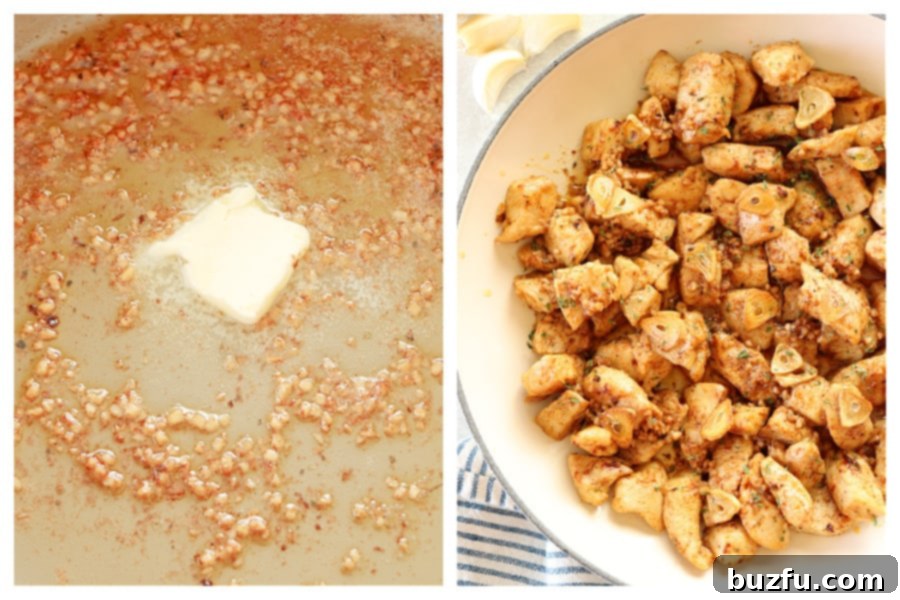 Saute Garlic, Add Butter, Return Chicken Garlic butter sauce simmering in a skillet with cooked chicken added back in.