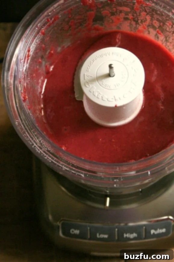 A high-capacity food processor making fresh raspberry sauce for cheesecake.