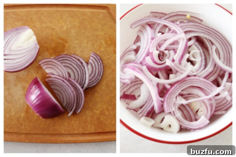 Thinly sliced red onions on a cutting board and a bowl of sliced red onions, demonstrating the first step in making pickled onions.