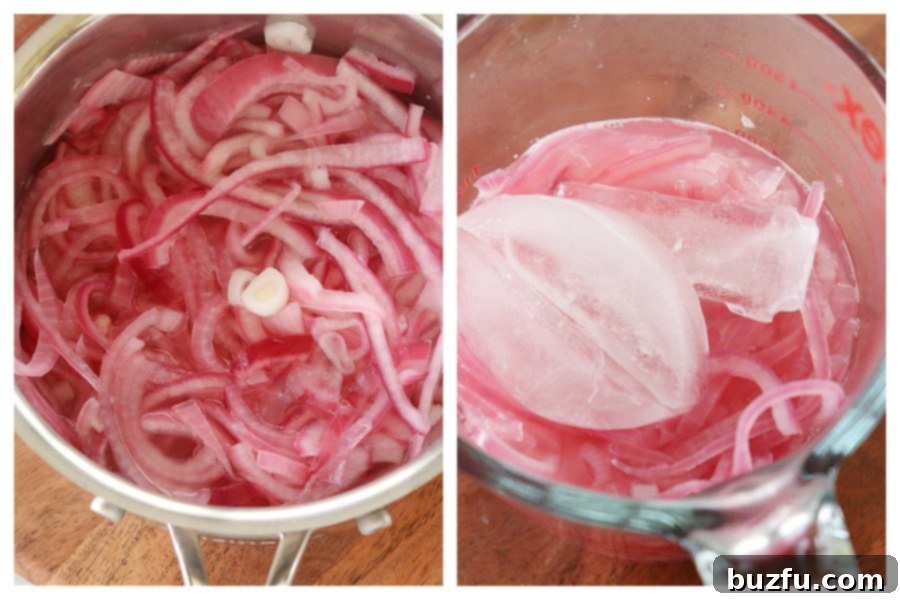 Red onions simmering in a saucepan with pickling liquid, and then transferred to a glass measuring cup with ice cubes, illustrating the pickling process.