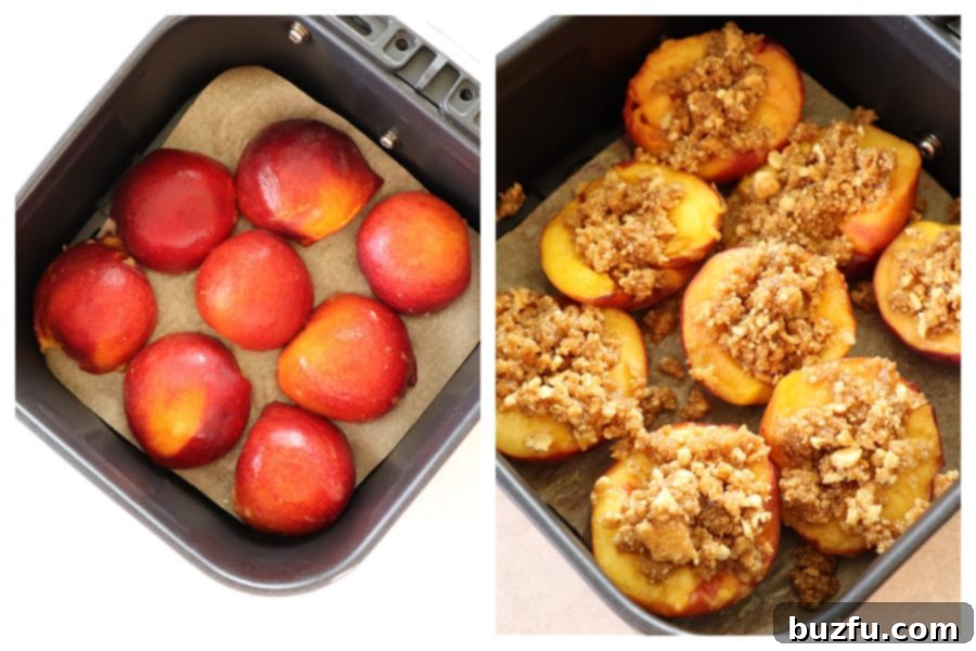 The transformation of peaches in the air fryer: from raw to perfectly topped and baked for a delightful dessert. A two-part visual demonstrating the cooking process: peach halves initially placed plain in the air fryer basket, followed by the same peaches generously topped with the crumb mixture after the first bake.