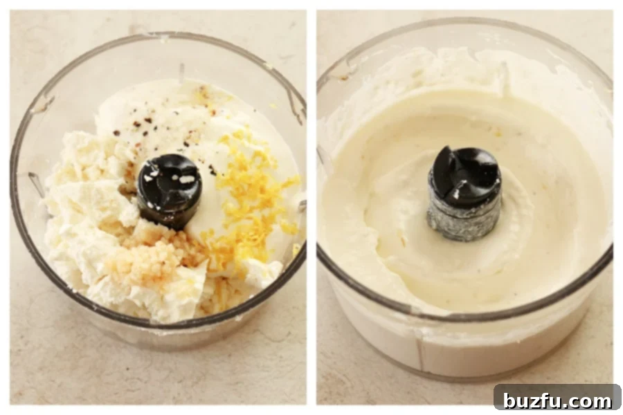 Ingredients for feta dip in a small food processor and whipped.