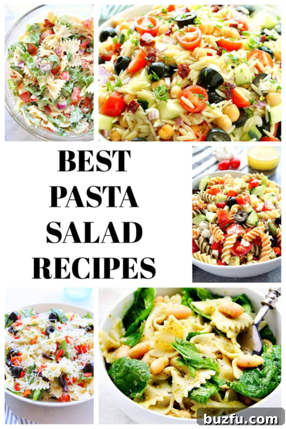 Photo collage with photos of pasta salads and text.