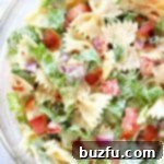 BLT Pasta Salad in large glass bowl.