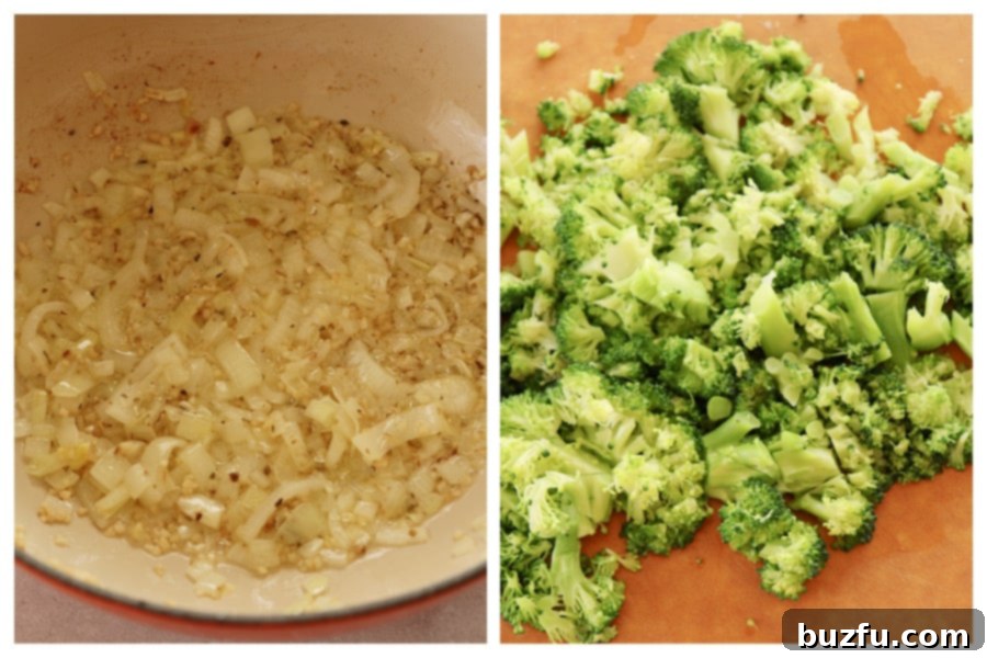 Diced yellow onion sautéing in a skillet, with cooked broccoli florets waiting on a cutting board to be chopped.