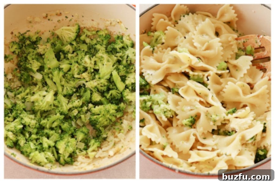Broccoli and sautéed aromatics in a pan, with cooked pasta and grated Parmesan cheese being added and stirred together.