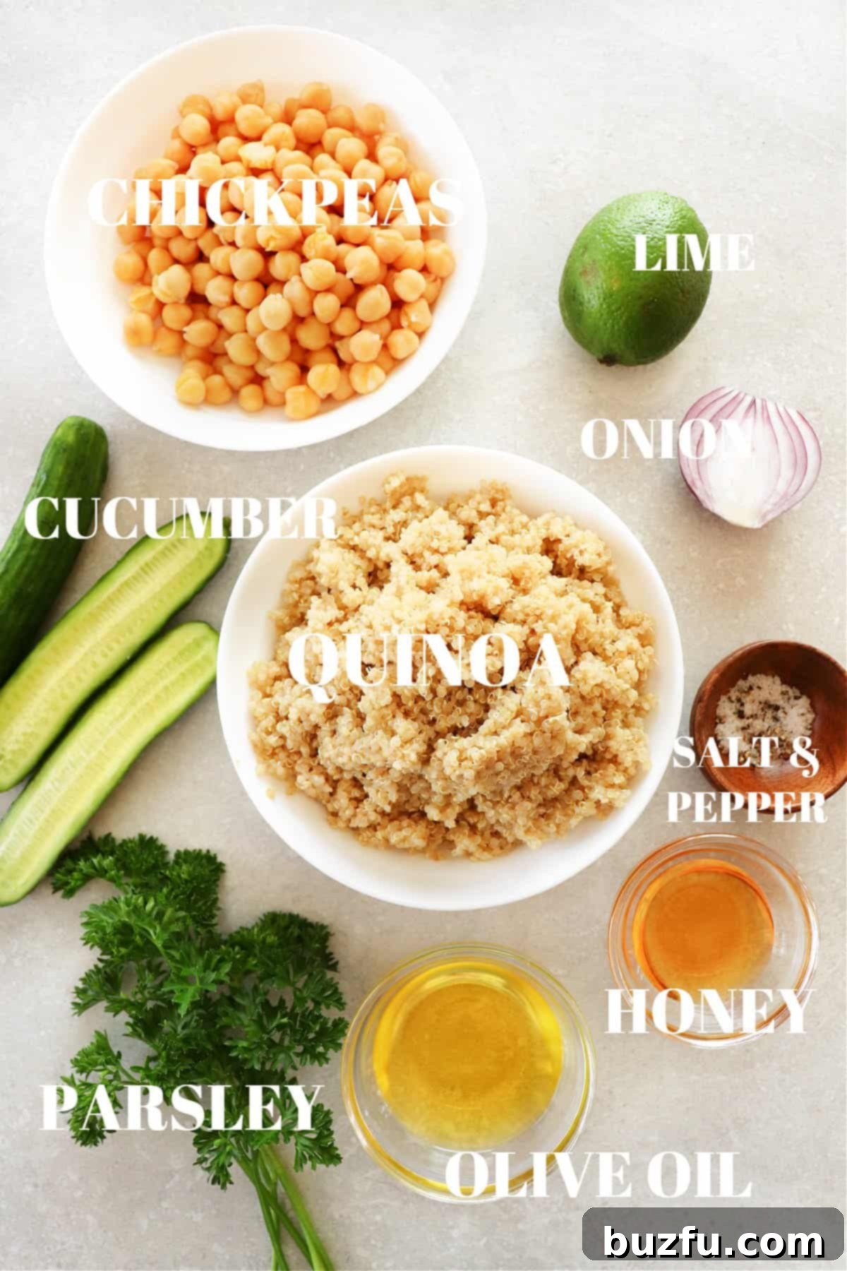 Ingredients for the chickpea quinoa salad on a gray background.