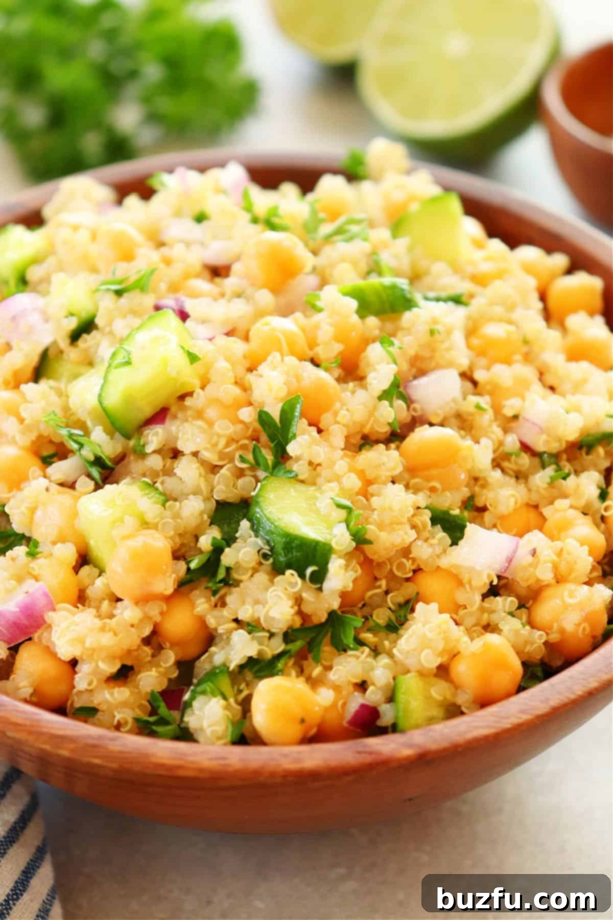Quinoa salad in a wooden bowl.