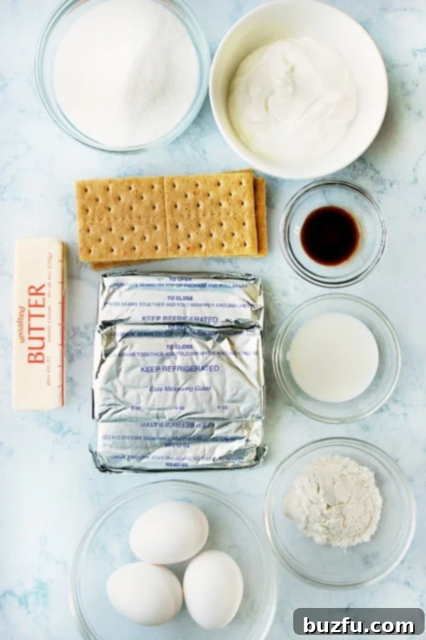 Perfect cheesecake ingredients laid out on a marble board, including cream cheese, sugar, graham crackers, and butter.