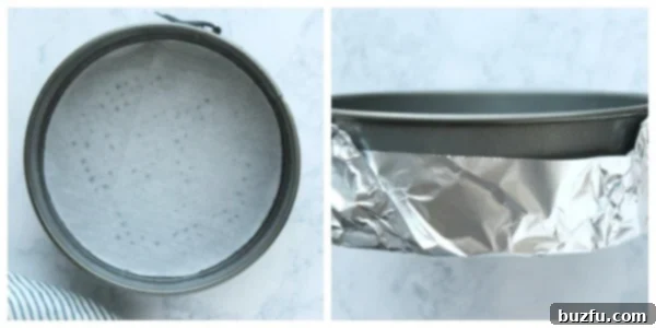 Step 1 of making a perfect cheesecake: preparing the springform pan for a water bath.