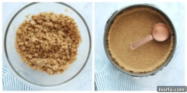 Step 2 of making a perfect cheesecake: pressing the graham cracker crust into the pan.