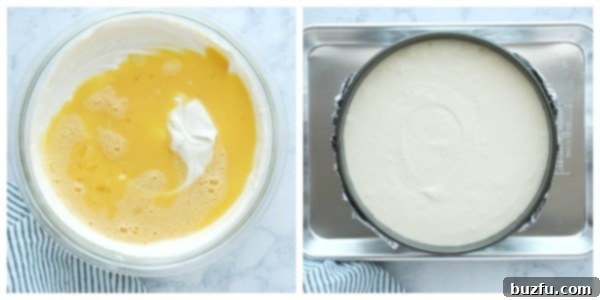 Step 4 of making a perfect cheesecake: baking the cheesecake in a water bath.