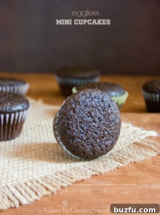 Deliciously easy and rich Eggless Chocolate Mini Cupcakes – your new favorite egg-free dessert! A perfectly baked, rich brown eggless chocolate mini cupcake, turned on its side to highlight its moist texture and uniform dome. Ideal for an easy dessert without eggs.