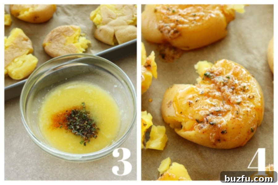 Effortless Crispy Smashed Potatoes 5 Glass bowl with melted butter and seasoning and smashed potato with butter mixture on top.