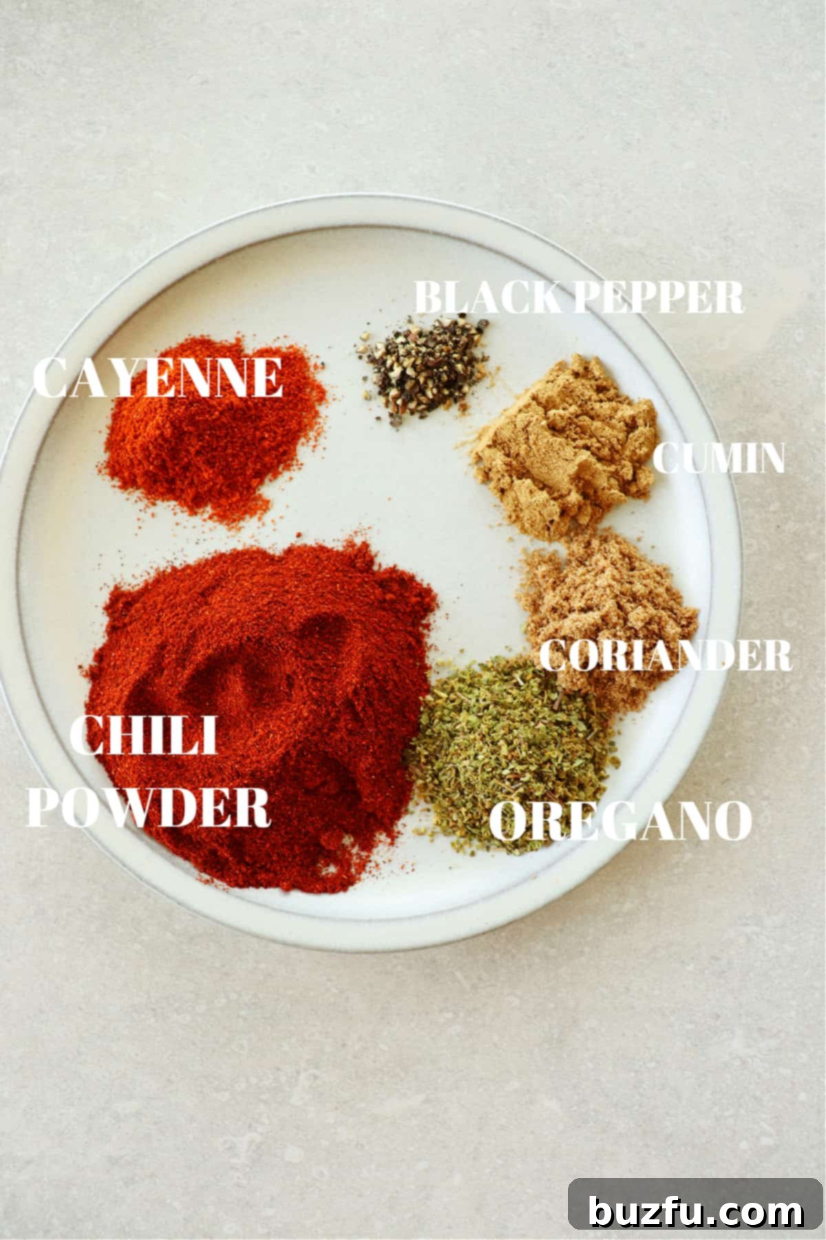 Craft Your Perfect Chili Blend 3 Chili, cayenne, black pepper, cumin, coriander and oregano in little mounds on a small plate.