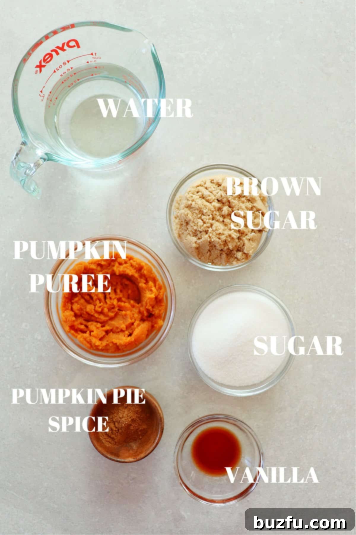 Ingredients for pumpkin syrup laid out on a gray background, showcasing fresh, simple components.