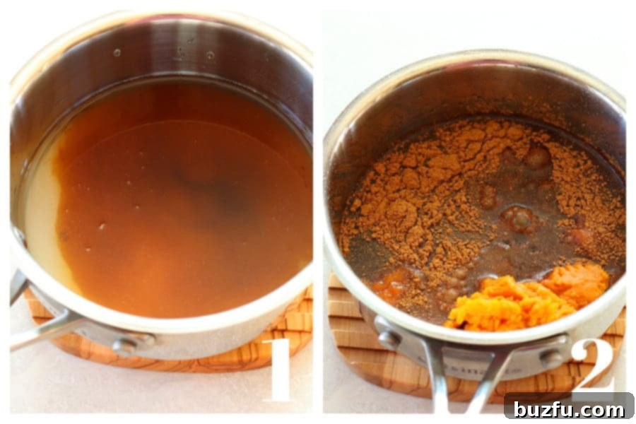 Simple syrup in a stainless steel pot, with pumpkin puree and spices just added, being whisked together.
