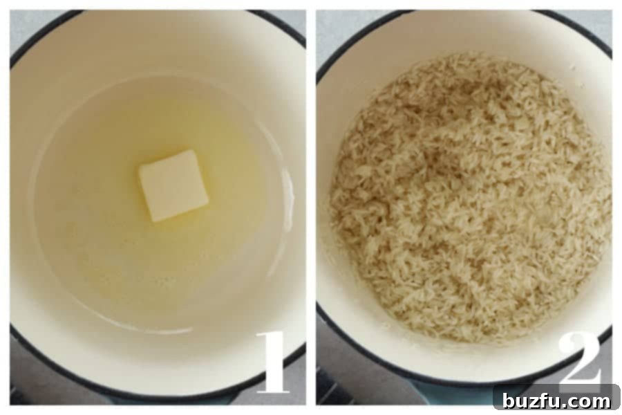 Melted butter in a pot and dried rice added to the pot for toasting.