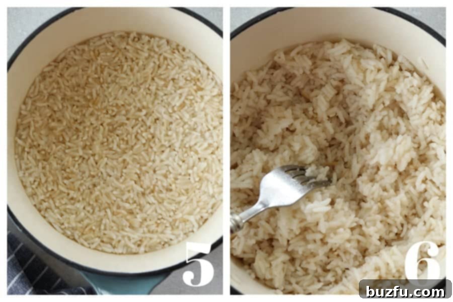 A photo collage showing cooked rice in a pot and then being fluffed with a fork.