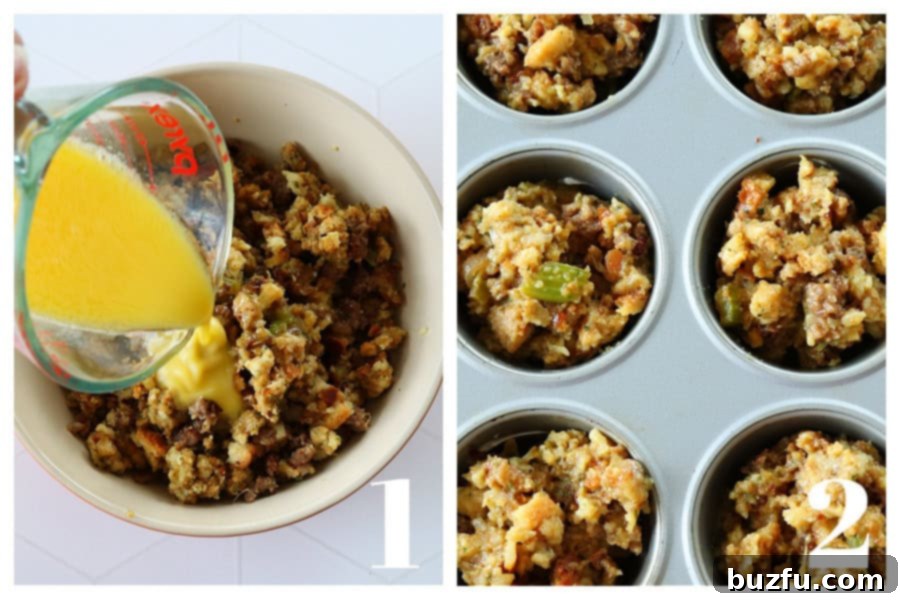 Savory Stuffing Cupcakes 4 Two sequential photos illustrating the process of making stuffing muffins in a muffin pan: one showing the raw mixture scooped into the pan, and the second showing the muffins baking to a golden crisp.