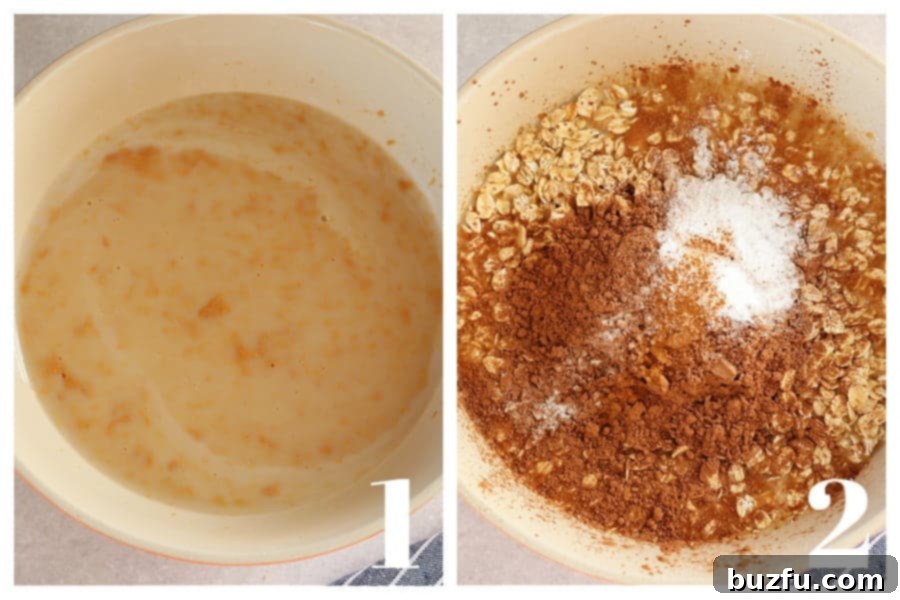 Photo collage with image of milk mixture in a mixing bowl and oats and dry ingredients added, showing the baking process for chocolate oatmeal.