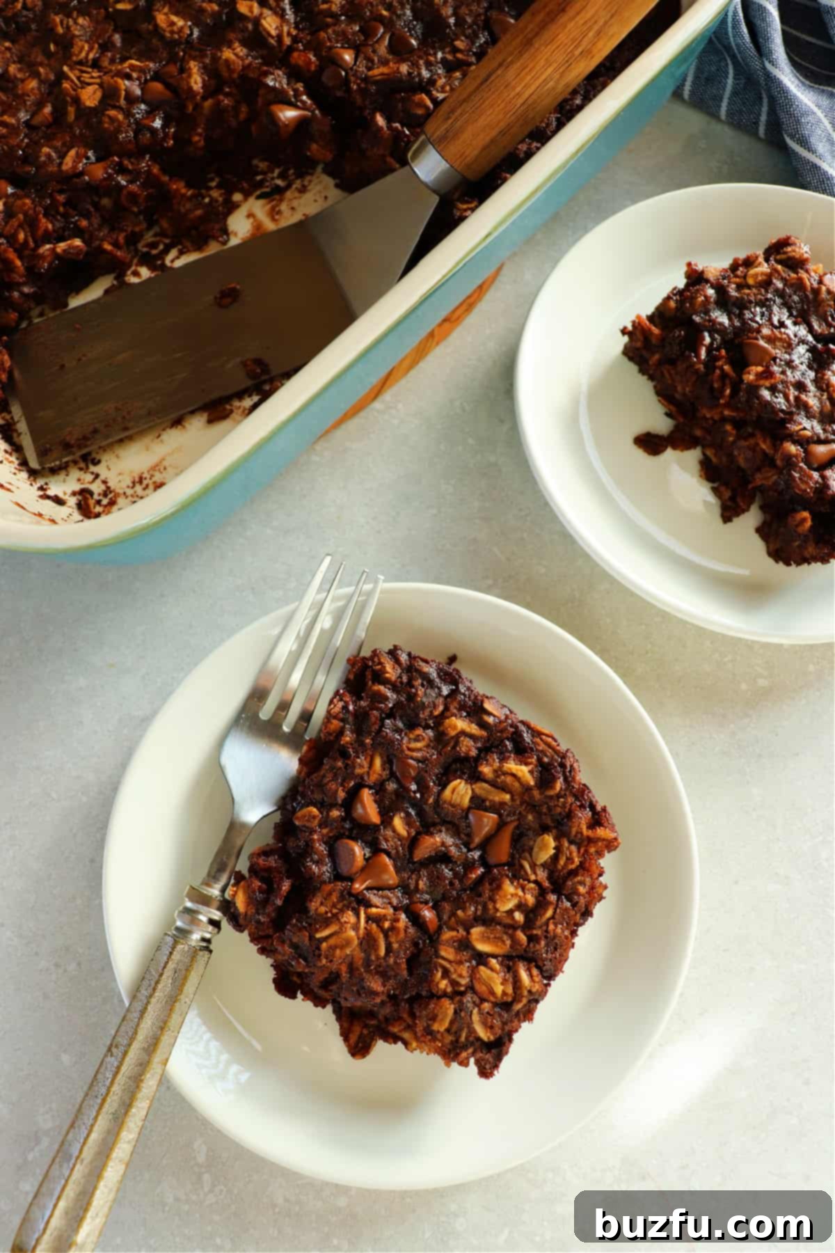 Overhead photo of two servings of baked chocolate oatmeal on small white plates and in the baking dish, ready to be enjoyed.