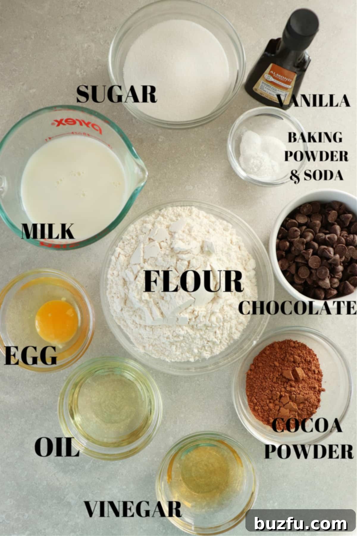 Decadent Chocolate Muffins Made Simple 3 All the necessary ingredients for baking chocolate muffins are meticulously arranged in small glass bowls on a sleek gray board, showcasing fresh egg, cocoa powder, flour, and chocolate chips.