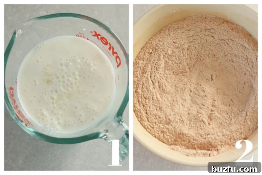 Decadent Chocolate Muffins Made Simple 4 Two separate bowls show baking preparation: a glass cup holds wet ingredients (milk and vinegar creating buttermilk), while a large mixing bowl contains the dry ingredients, perfectly proportioned.