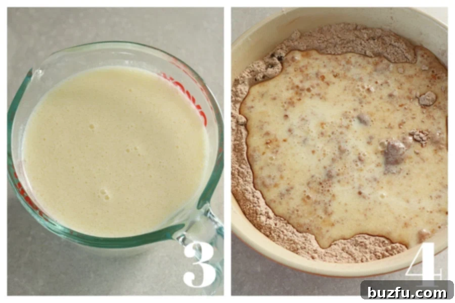 Decadent Chocolate Muffins Made Simple 5 The process of making chocolate muffins: wet ingredients, including egg and oil, are smoothly whisked in a glass cup, then carefully added to the dry ingredients in a spacious mixing bowl, ready for gentle combining.